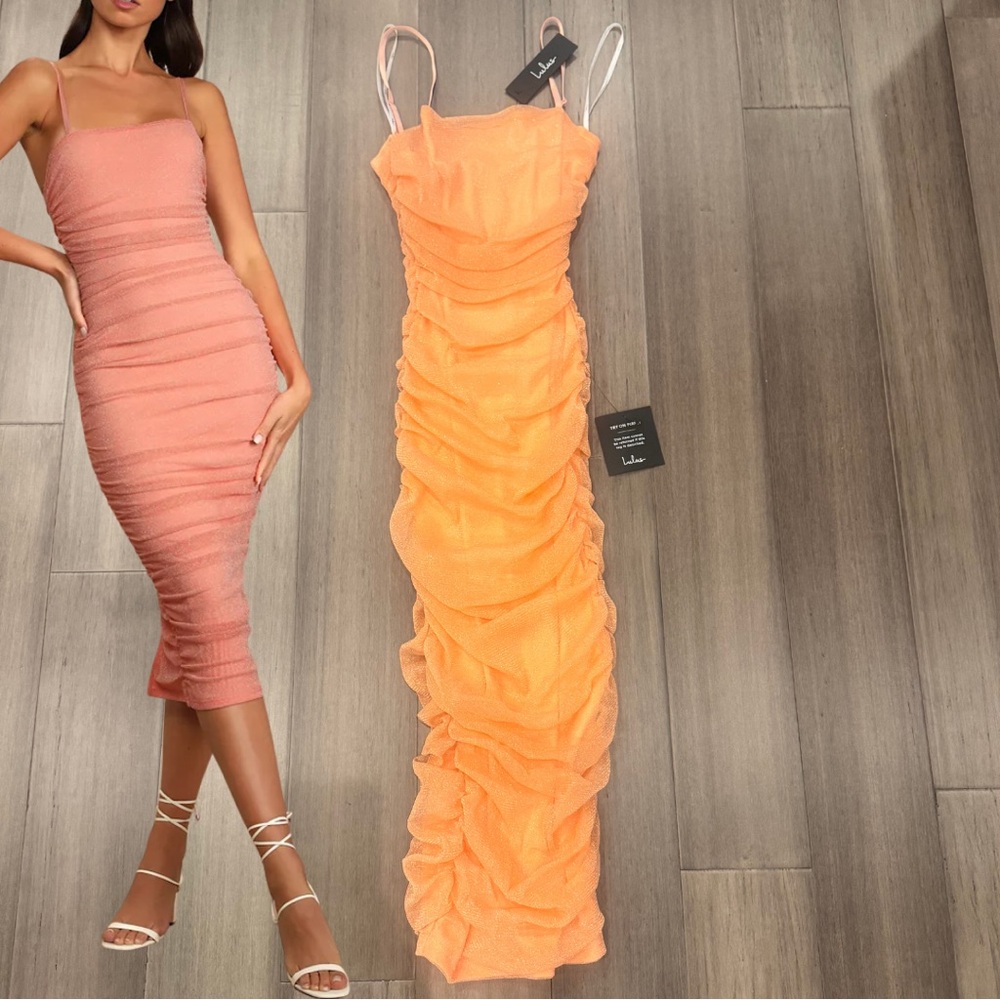 Lulus Coral Ruched Midi Dress | Bodycon Spaghetti Strap Summer Party Dress NWT